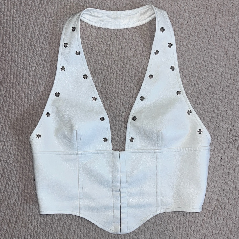 White Leather Halter Top with Silver Studs (Princess Polly)